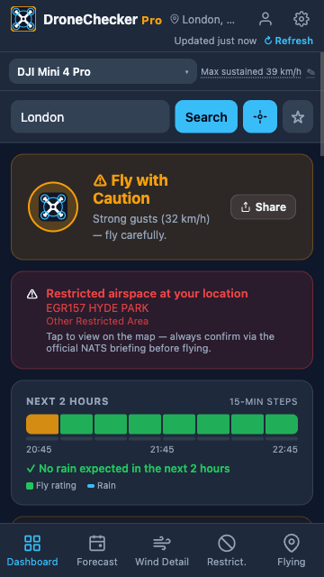 DroneChecker dashboard showing a Fly with Caution rating, next 2 hours nowcast and best flight window