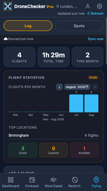 Flight Log screen showing flight statistics, flights per month chart and top locations