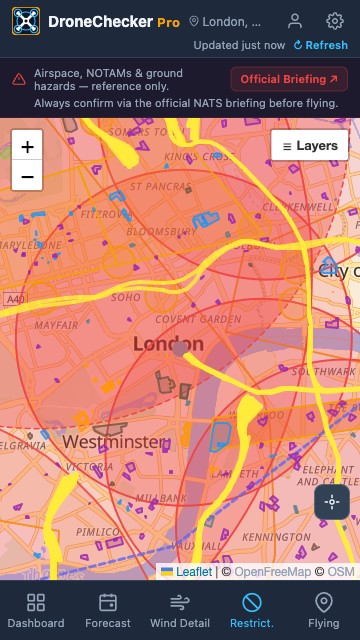 Restrictions map over London showing NATS airspace, danger areas and ground hazards